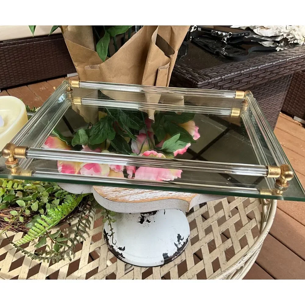 Vintage vanity mirror tray with clear glass tubes Hollywood Regency MCM